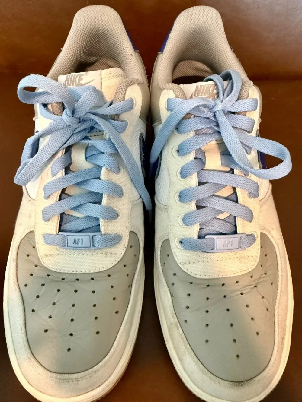 Nike Air Force 1, blue swoosh, grey panels, gum sole, Size 9M